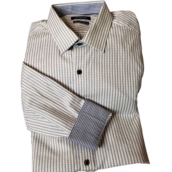 Bugatchi Blue White Superfine Stretch Cotton Long Sleeve Contrasting Cuffs 16.5 - Picture 1 of 10